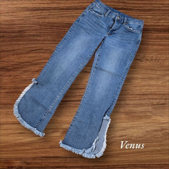 Venus Flare Cropped Split Hem Raw Hem Denim Jeans - Picture 1 of 5